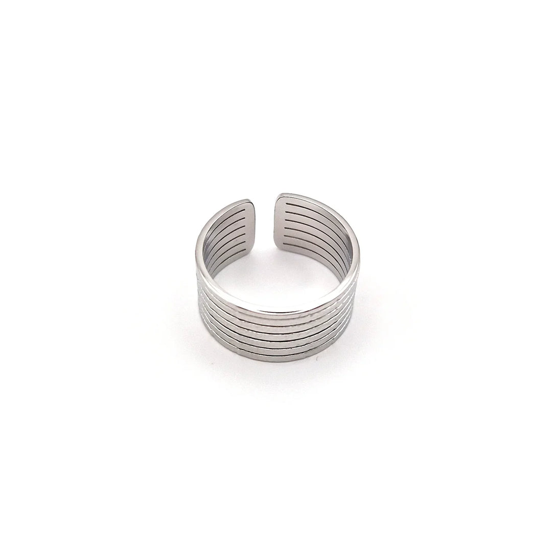Bague large femme argentée multi rangs effet martelé – acier inoxydable
