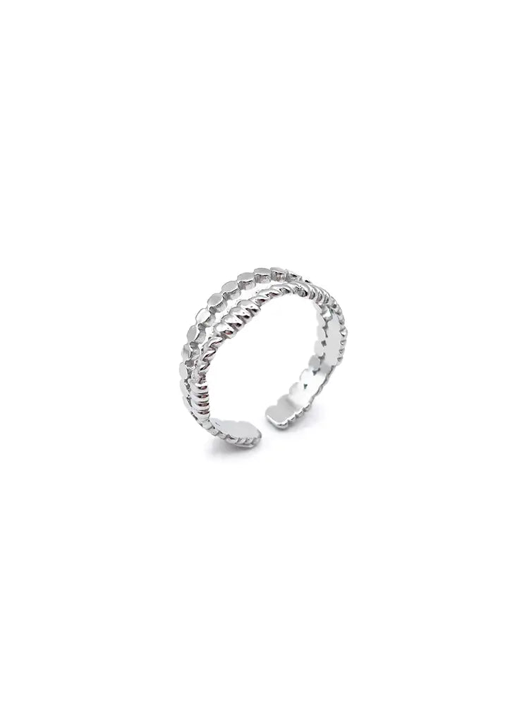 Bague fine argentée femme double rang texturé en acier inoxydable