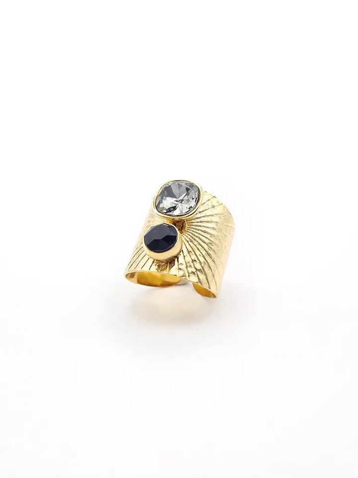Bague large dorée femme striée avec cristaux Swarovski noir et gris