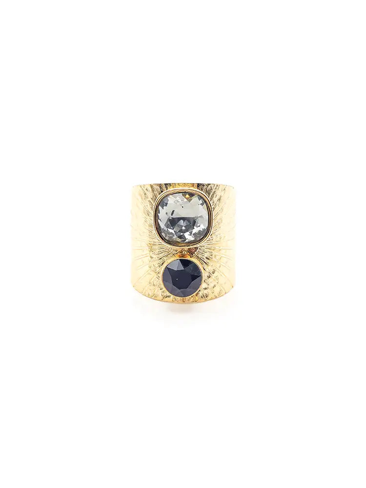 Bijou femme audacieux bague dorée cristaux noir et gris