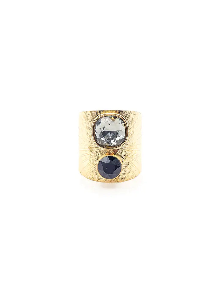 Bijou femme audacieux bague dorée cristaux noir et gris