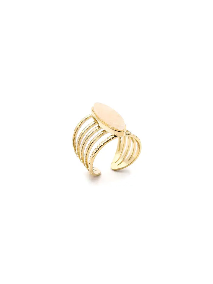 Bague élégante dorée sertie d’une pierre rose en acier inoxydable