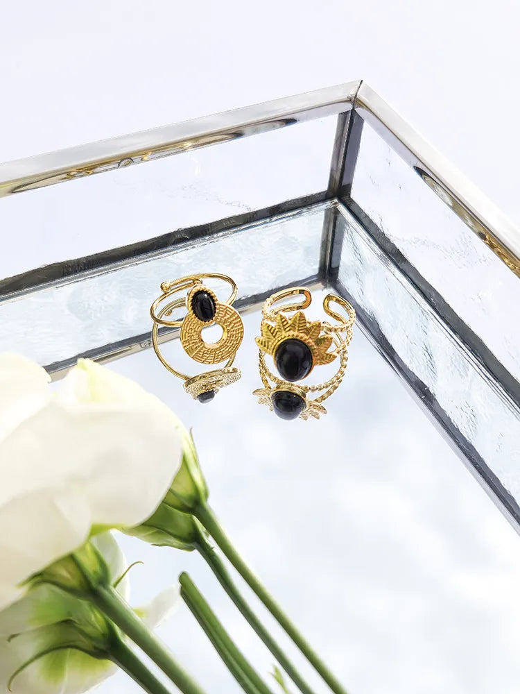 Duo bague avec pierre noire en acier inoxydable