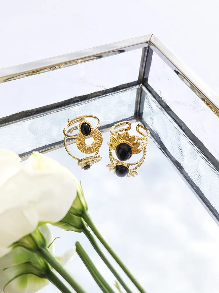 Duo bague avec pierre noire en acier inoxydable