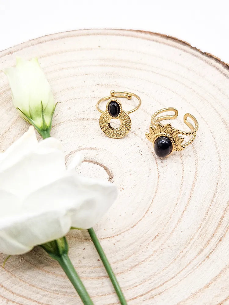 Duo bague avec pierre noire en acier inoxydable