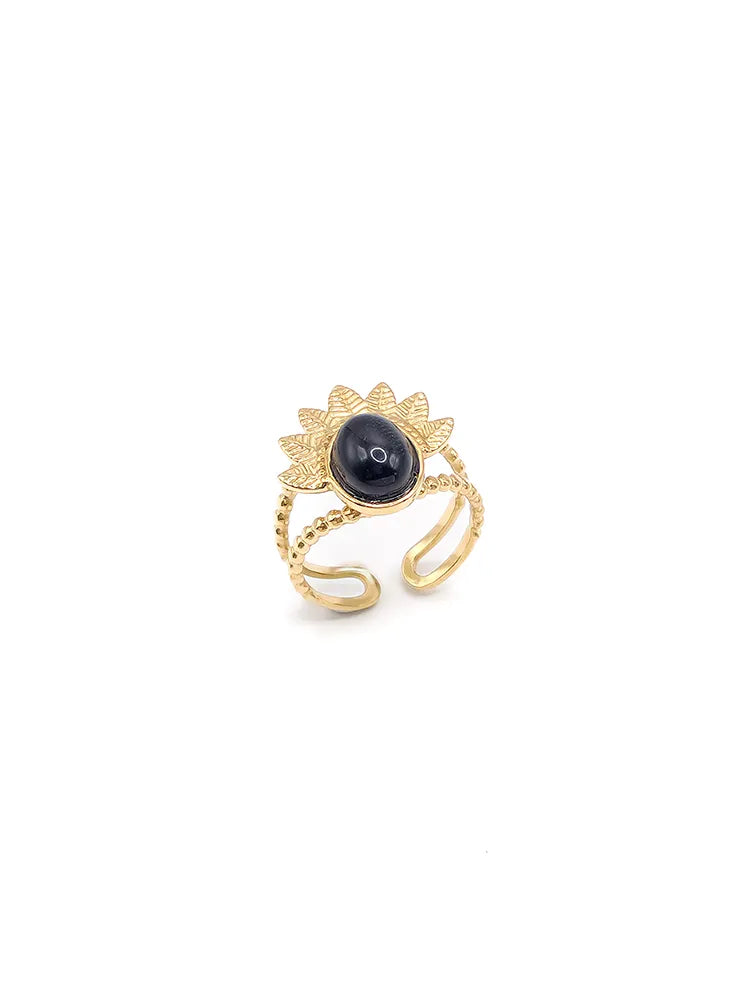 Bague femme dorée soleil pierre noire