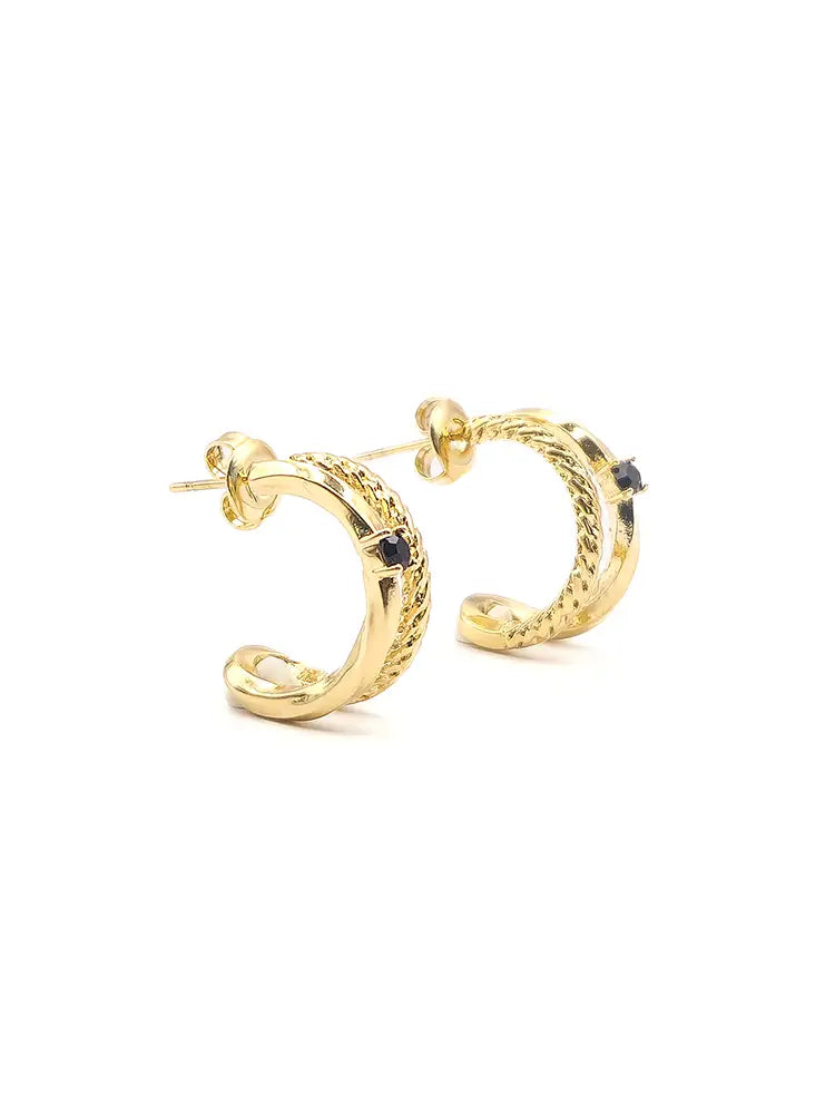 Boucles d’oreilles créoles dorées double anneau avec cristal noir