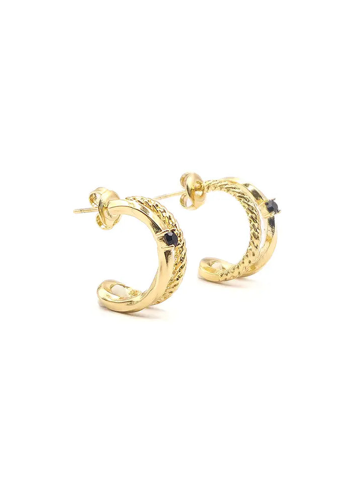 Boucles d’oreilles créoles dorées double anneau avec cristal noir