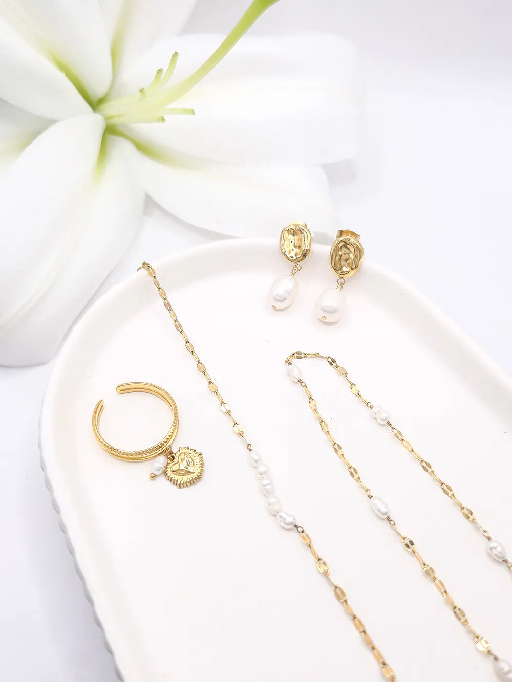 parure bijoux femme en acier inoxydable avec pierres naturelles blanches nacrées