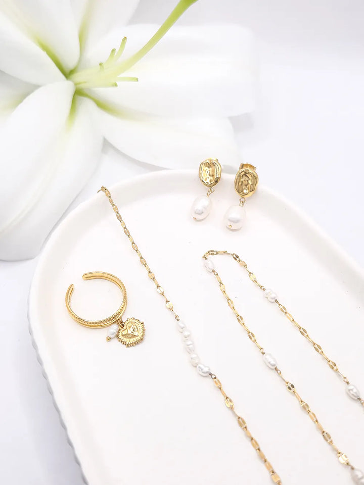 parure bijoux femme en acier inoxydable avec pierres naturelles blanches nacrées