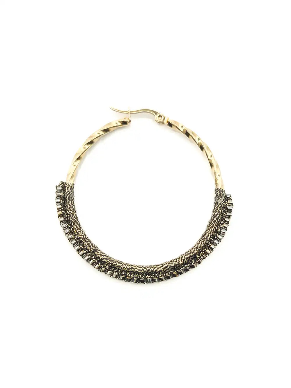 Créoles torsadées en acier inoxydable et tissage perles bronze / kaki 