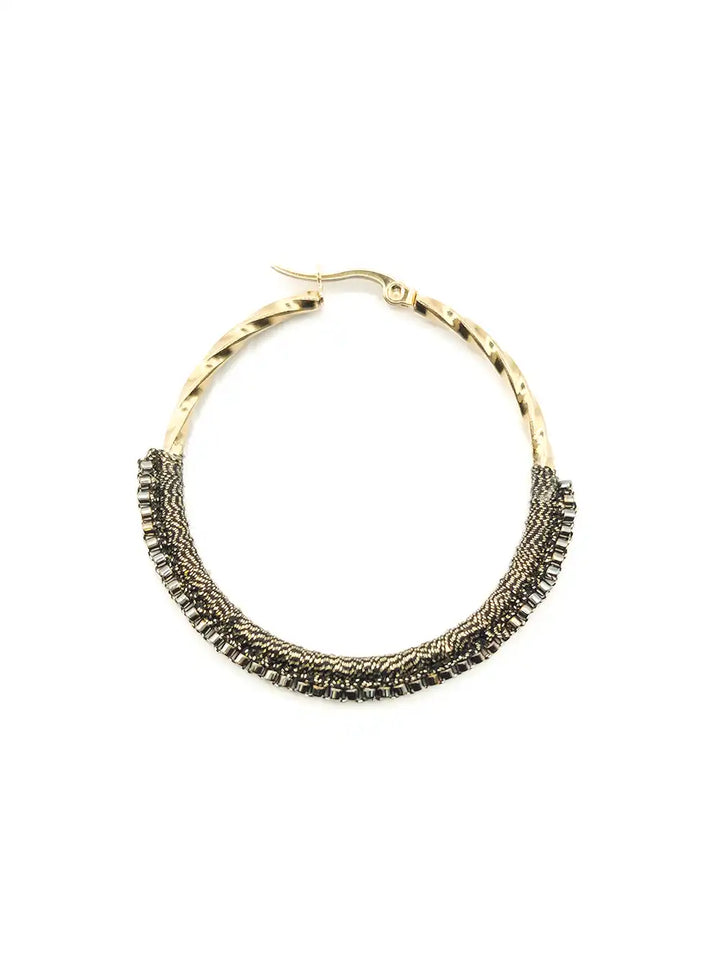 Créoles torsadées en acier inoxydable et tissage perles bronze / kaki 