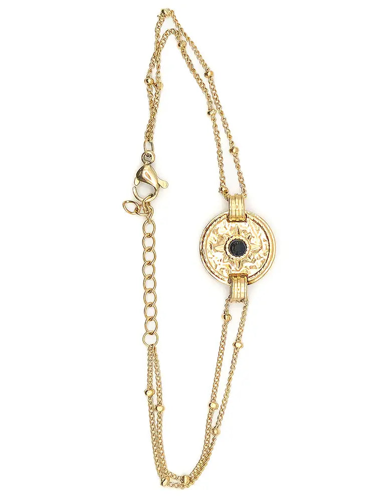 Bracelet doré double chaîne médaillon étoile et zircon noir