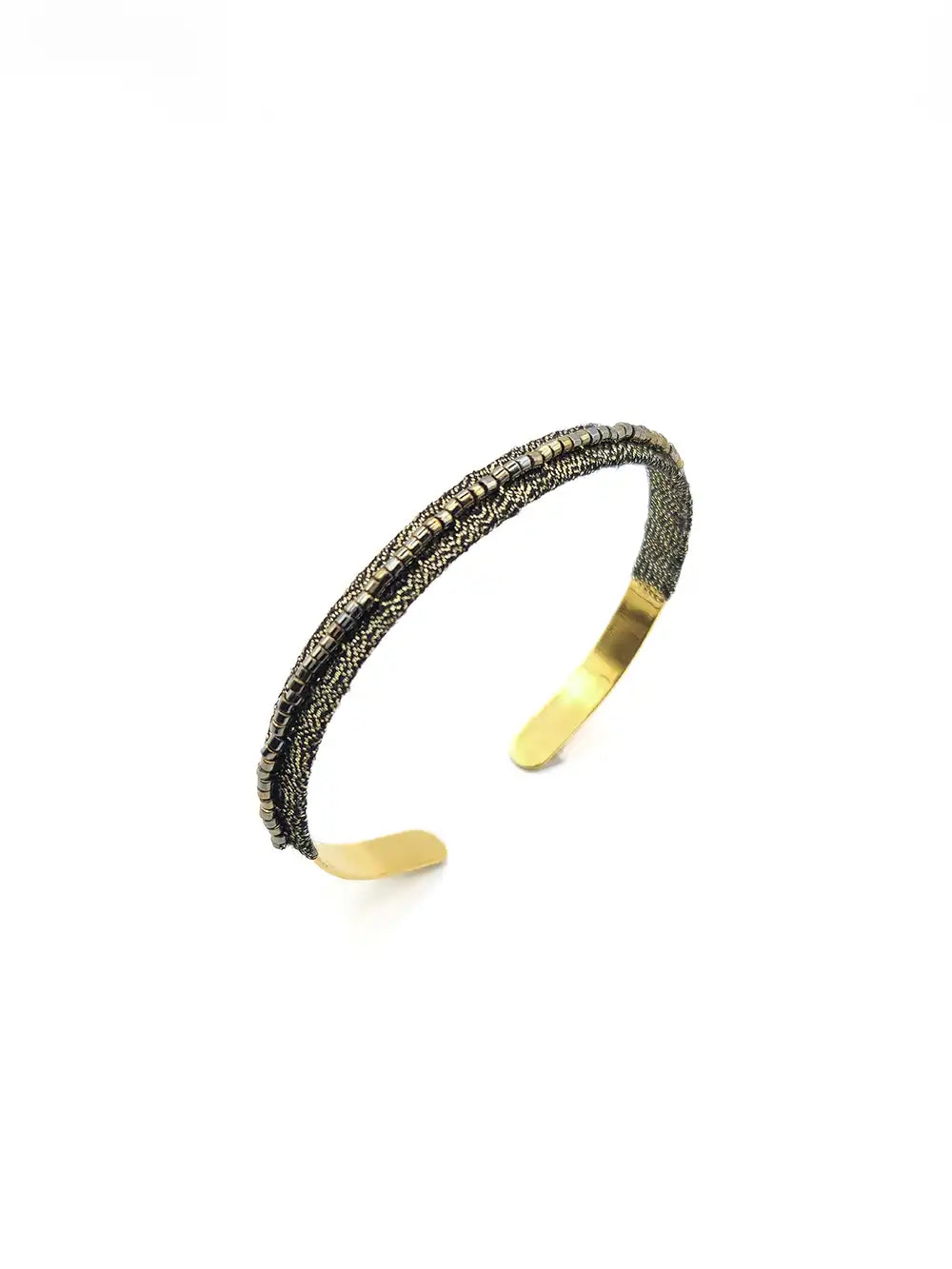 Bracelet jonc doré ouvert recouvert de broderie vert kaki faite main