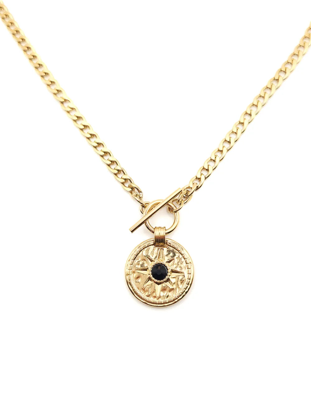 Collier doré en acier inoxydable avec médaillon étoile gravée et pierre noire