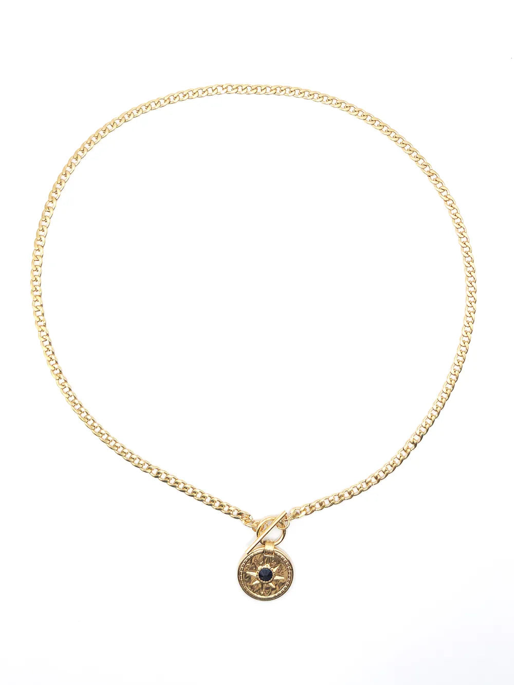 Collier doré chaîne structurée avec pendentif rond avec étoile et zircon noir