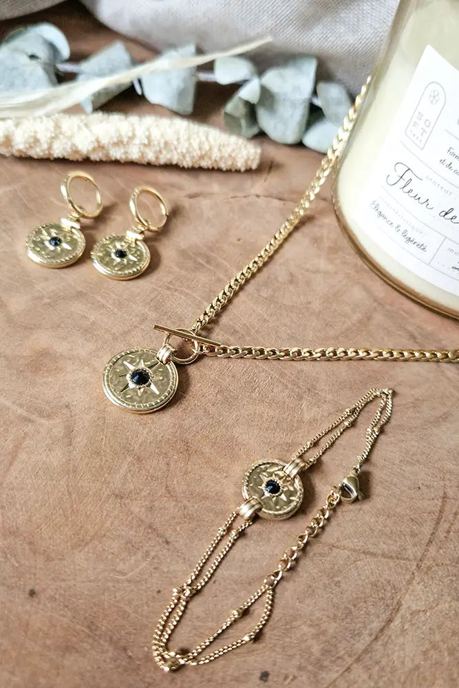 Parure bijoux femme doré acier inoxydable avec médaillon étoile et pierre noire