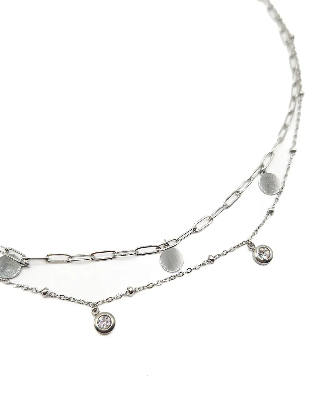 Collier double rangs argenté avec strass et pampilles