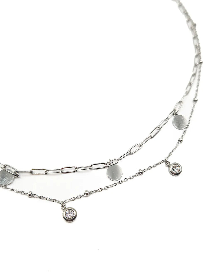 Collier double rangs argenté avec strass et pampilles