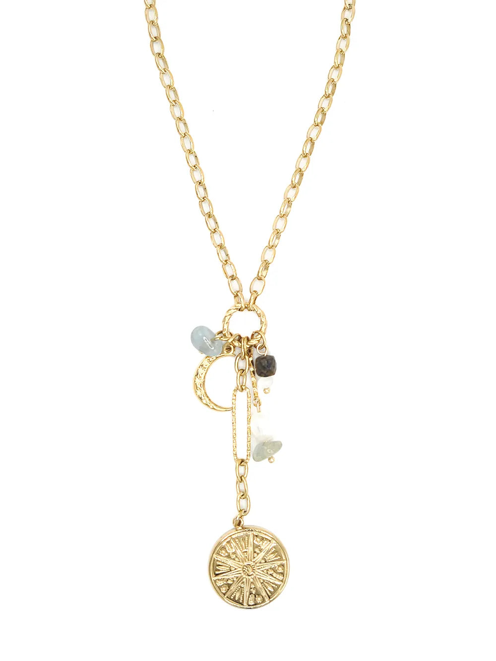 Collier long femme acier inoxydable doré et charms mystiques