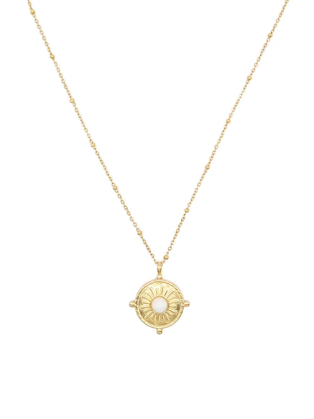 Collier femme doré avec pendentif soleil et pierre blanche en acier inoxydable