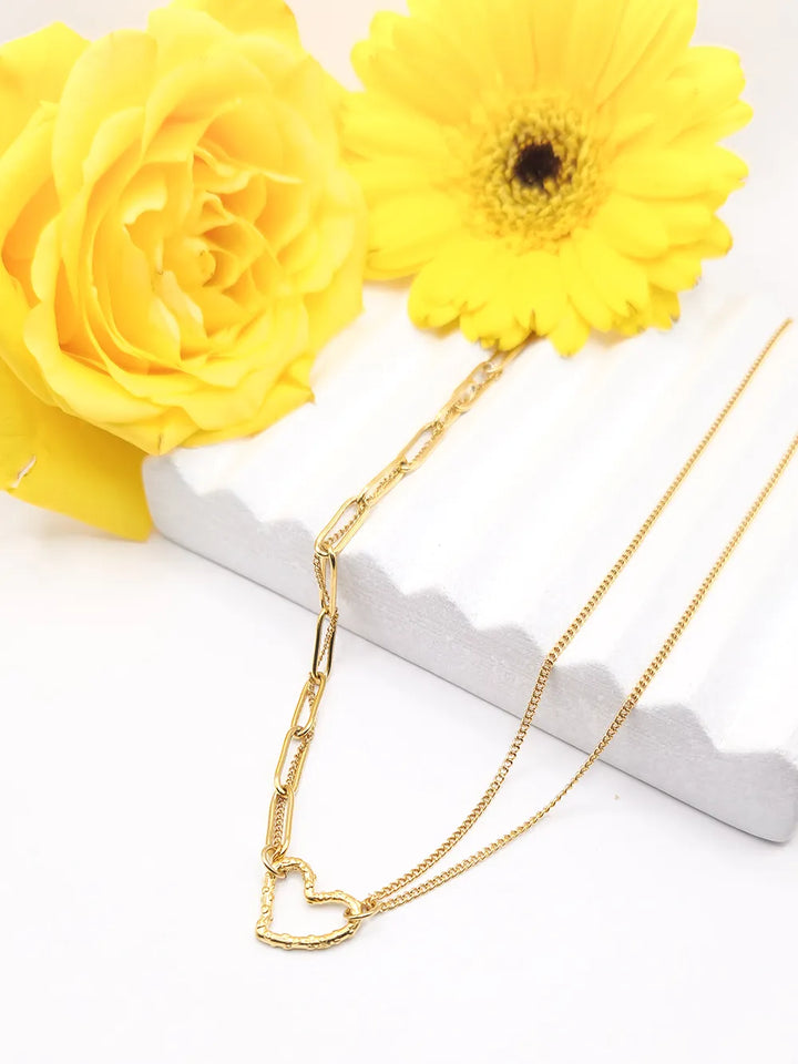 Collier femme cœur martelé double chaînes