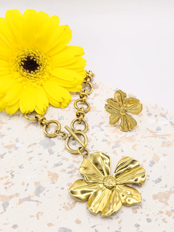 Collier doré grosse maille & pendentif fleur – acier inoxydable