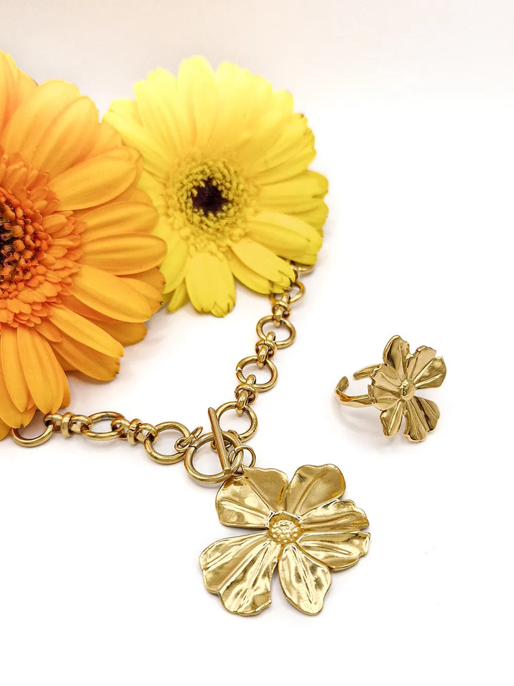 Collier doré grosse maille & pendentif fleur – acier inoxydable
