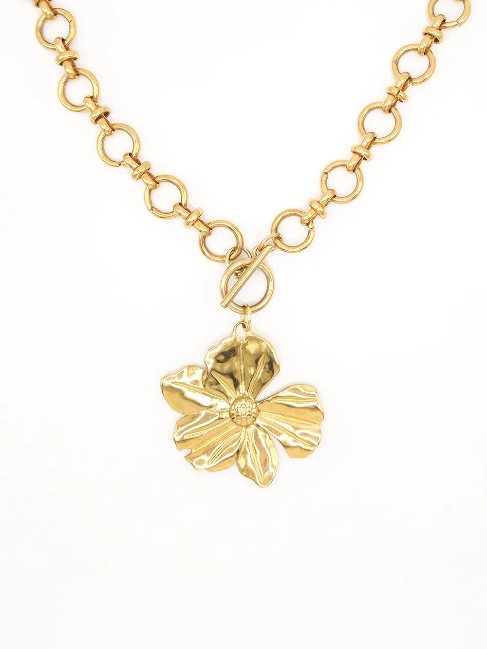 Collier doré grosse maille & pendentif fleur – acier inoxydable