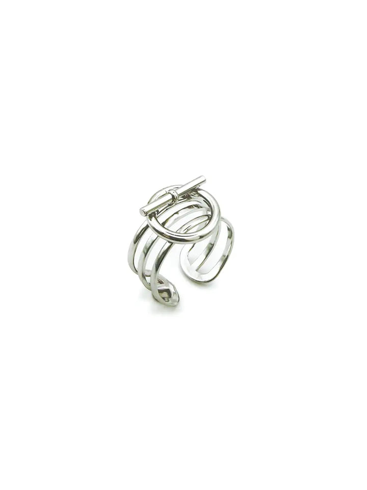 bague femme argenté moderne avec 3 rangs et cercle type fermoire toggle