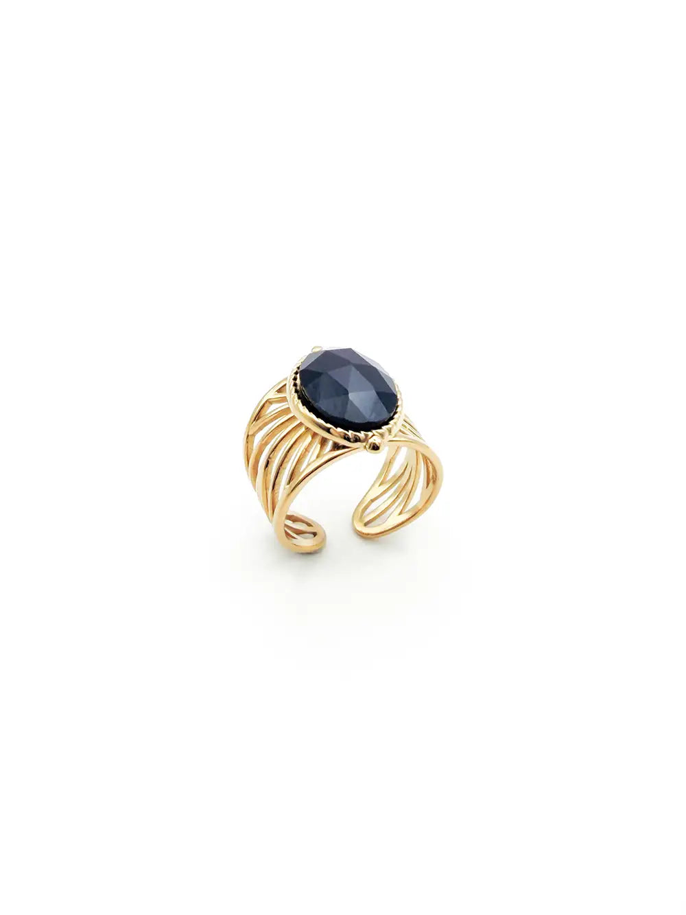 Bague femme large et ajourée avec grosse pierre naturelle onyx noire en acier inoxydable de qualité