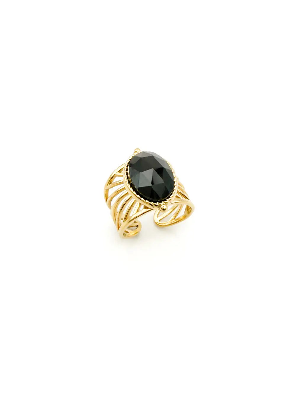 Bague large onyx noir en acier inoxydable doré