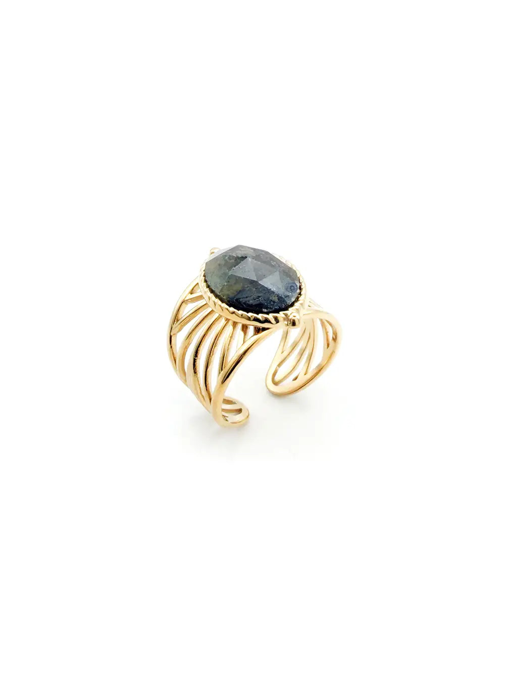 Bague large labradorite naturelle en acier inoxydable doré