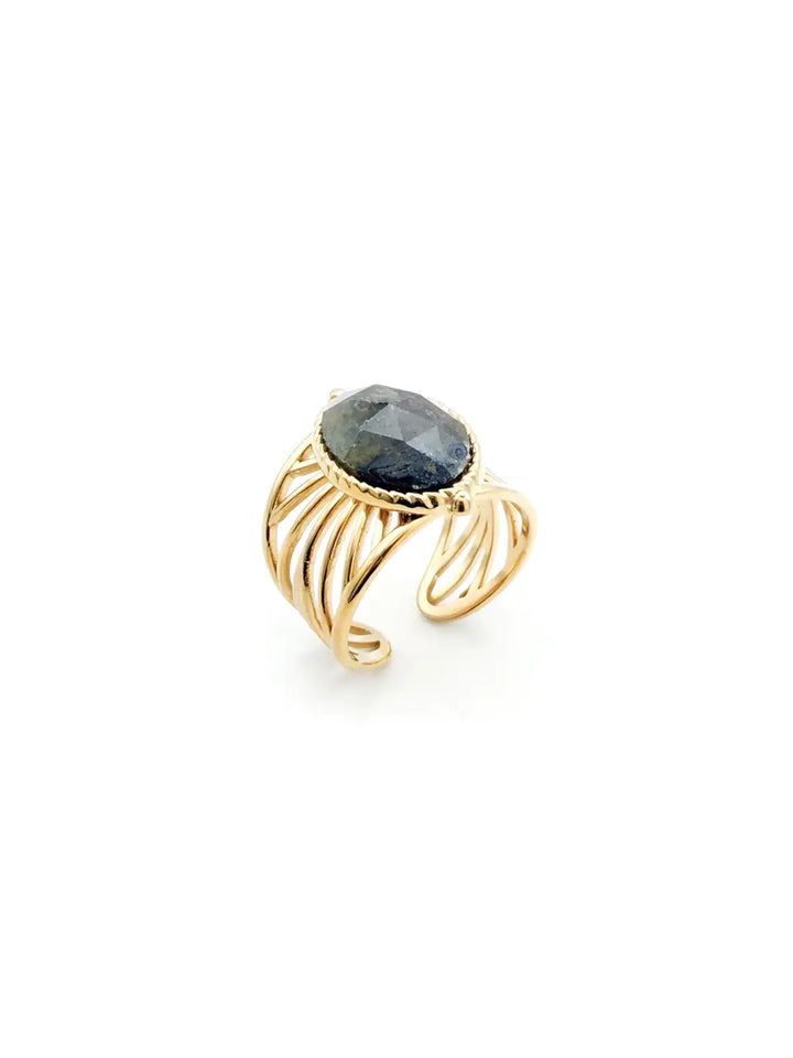 Bague large labradorite naturelle en acier inoxydable doré