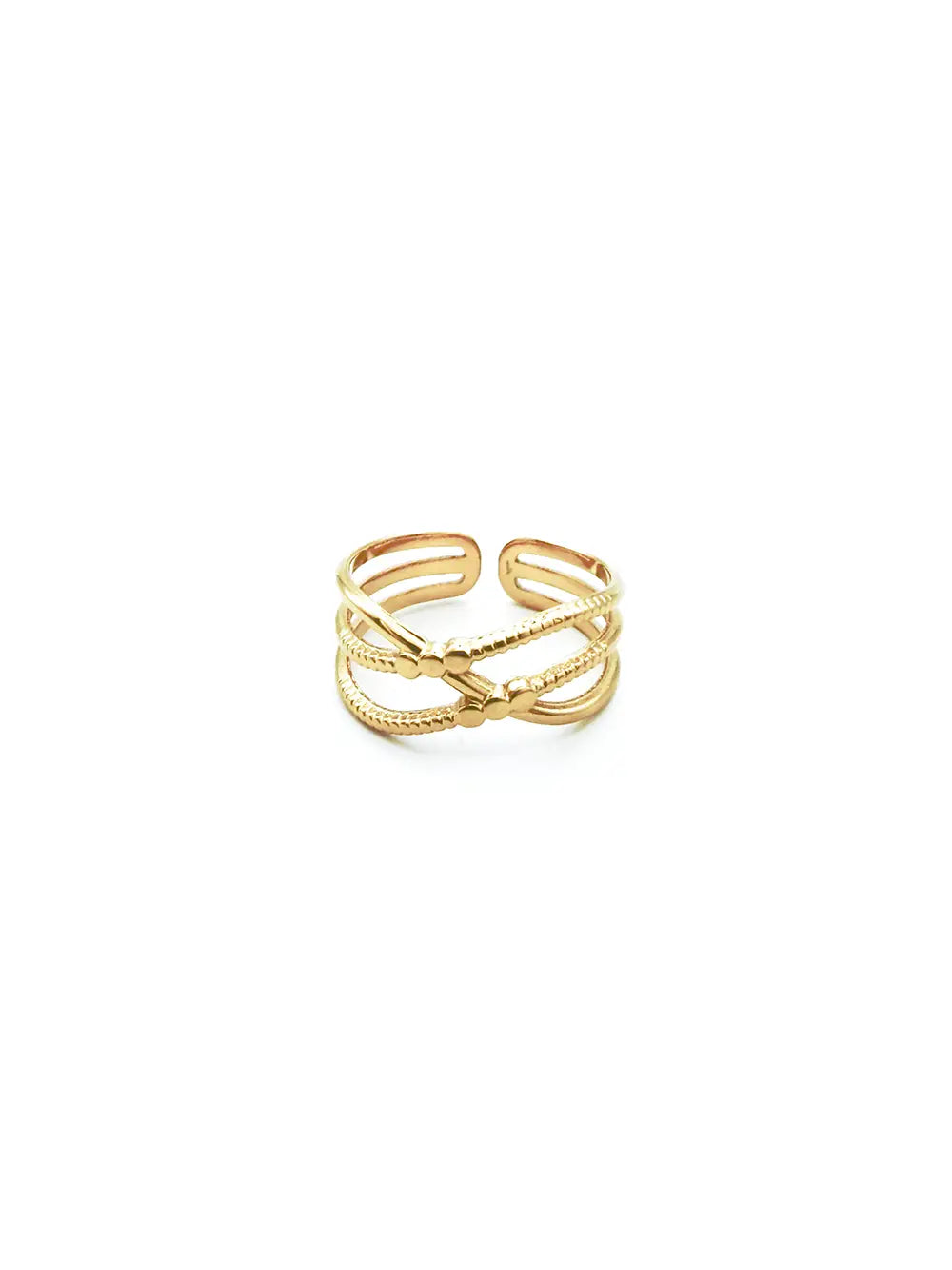 Bague femme multi lignes texturée en acier inoxydable doré
