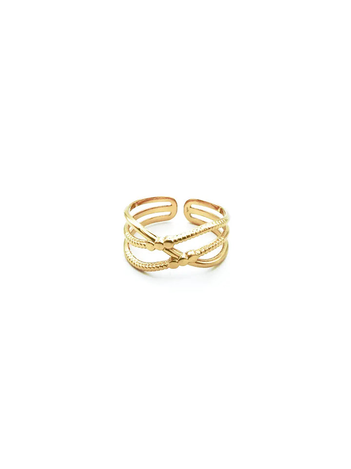 Bague femme multi lignes texturée en acier inoxydable doré