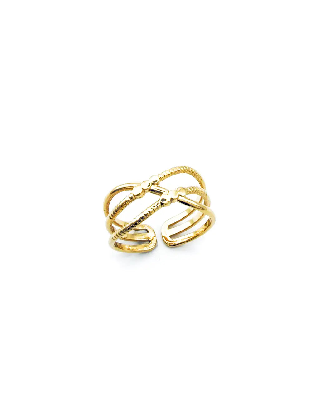 Détail bague multi rangs dorée effet perlé et lisse en acier inoxydable de qualité