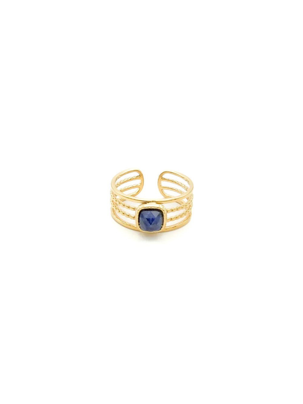 bague femme avec pierre semi-précieuse sodalite bleu sur anneau doré en acier inoxydable