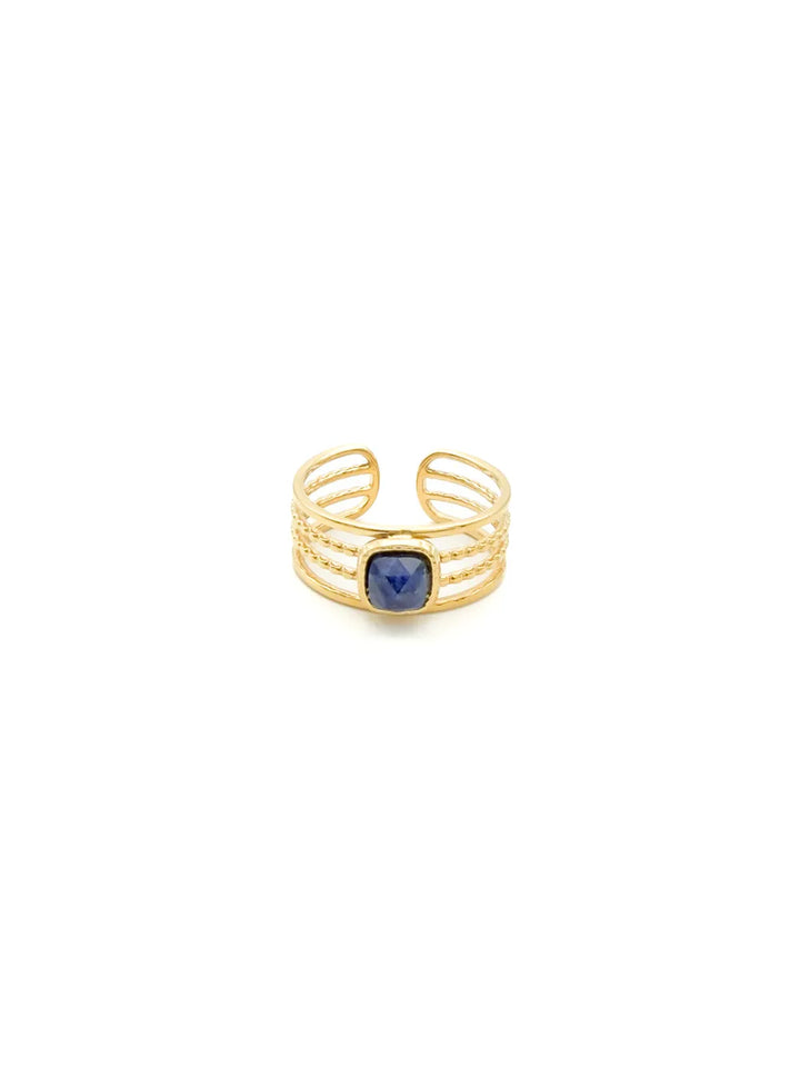 bague femme avec pierre semi-précieuse sodalite bleu sur anneau doré en acier inoxydable