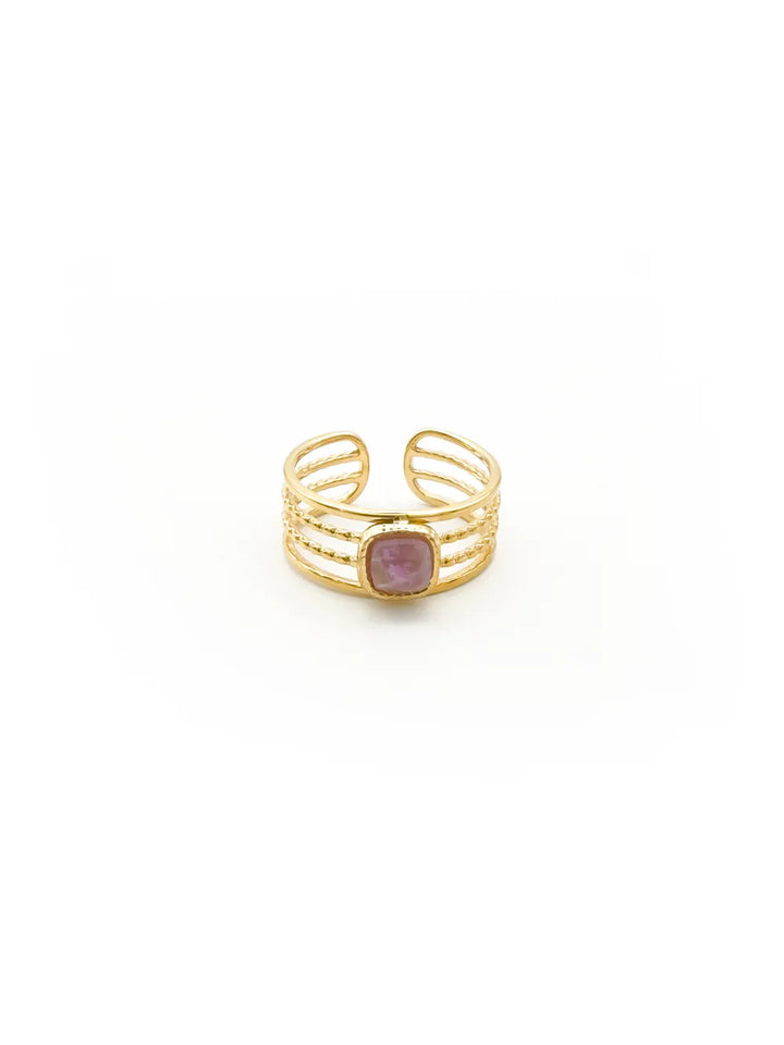 bague femme avec pierre semi précieuse améthyste rose sur anneau doré en acier inoxydable