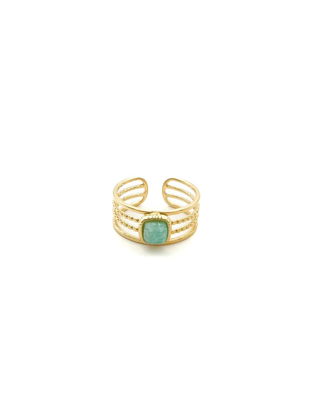 bague femme avec pierre semi précieuse amazonite vert sur anneau doré en acier inoxydable