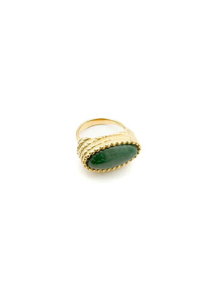 bague large femme dorée avec pierre naturelle jaspe vert