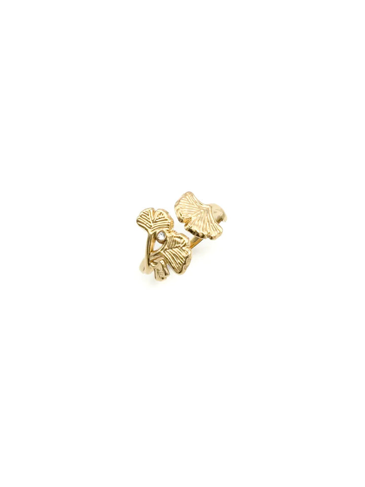 bague ginkgo dorée avec zircon ajustable