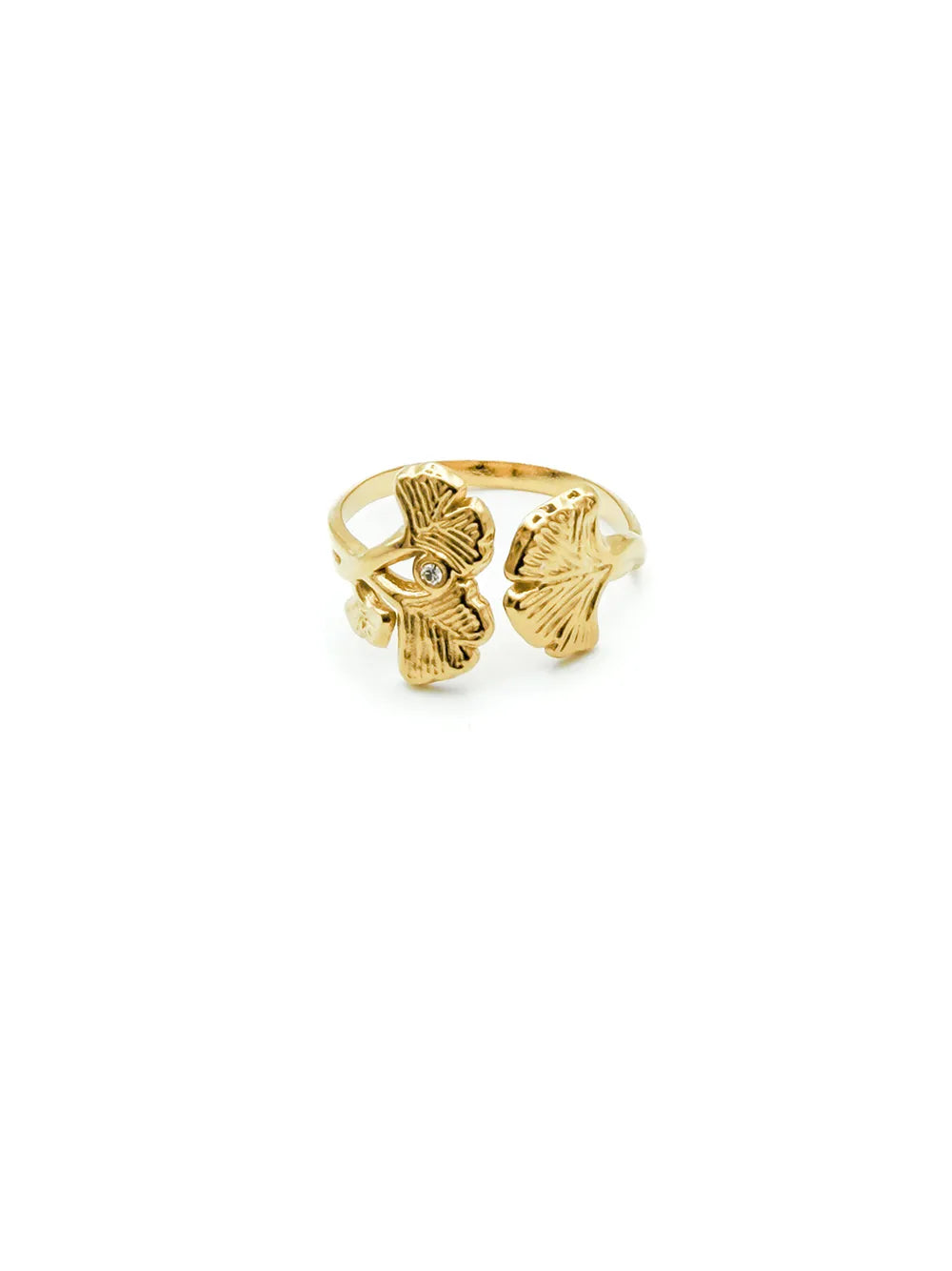 bague femme feuille ginko et strass en acier inoxydable doré de qualité