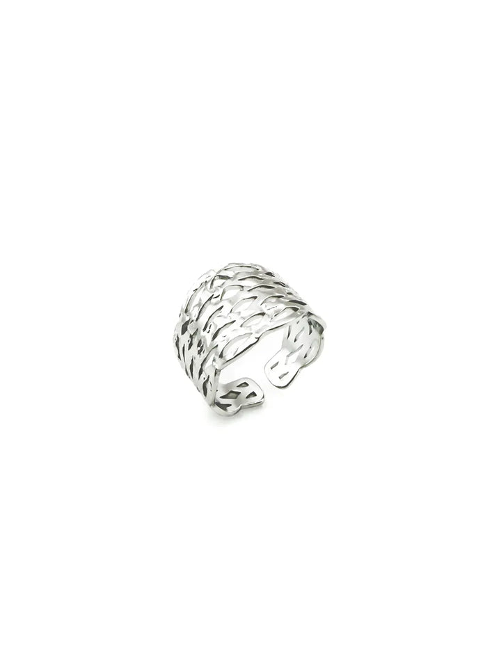 bague large tressage martelé argentée femme