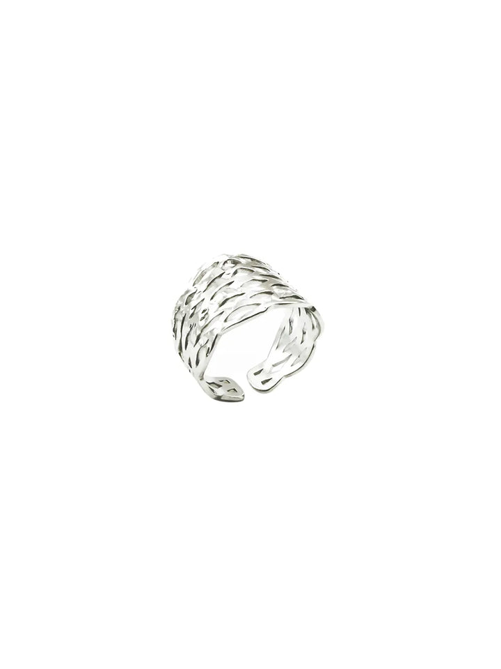 bague argentée large texture tressée acier inoxydable