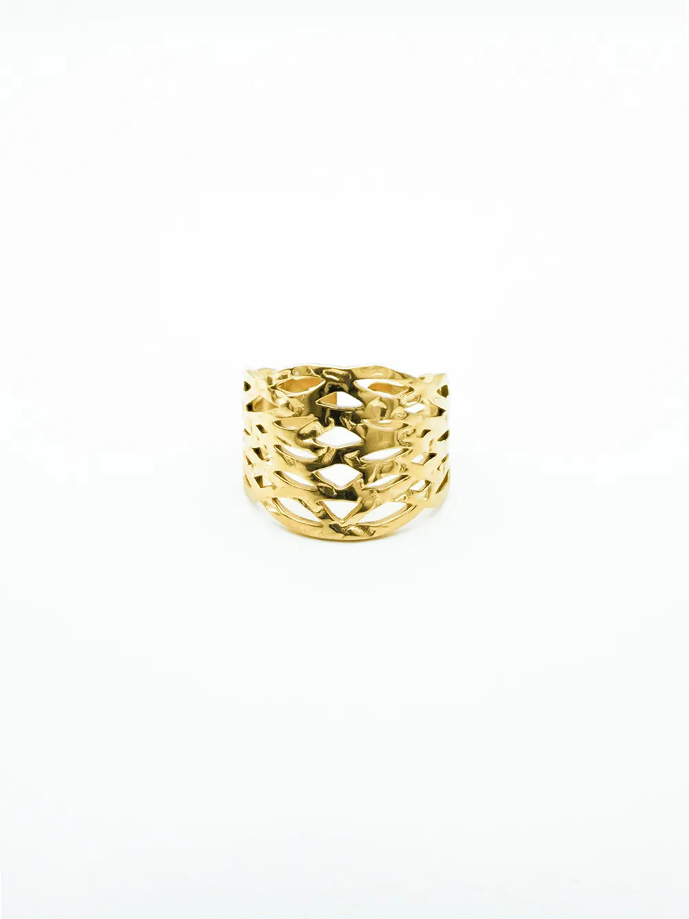 bague dorée large texture tressée acier inoxydable