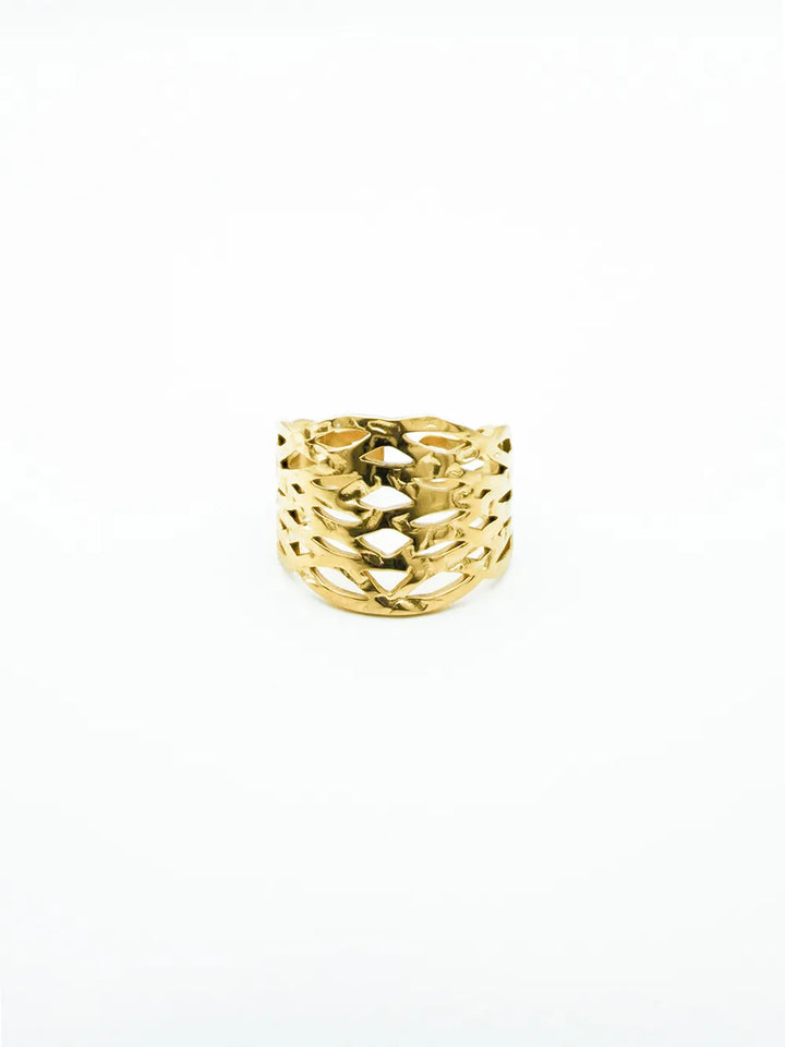 bague dorée large texture tressée acier inoxydable