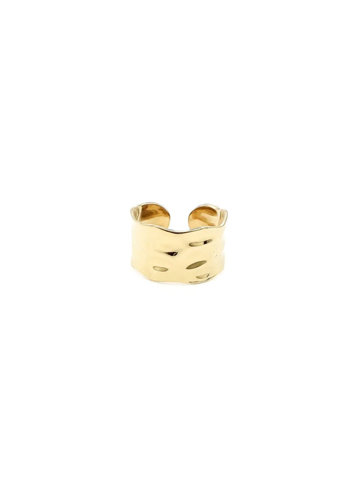 Bague large ruban martelé dorée en acier inoxydable