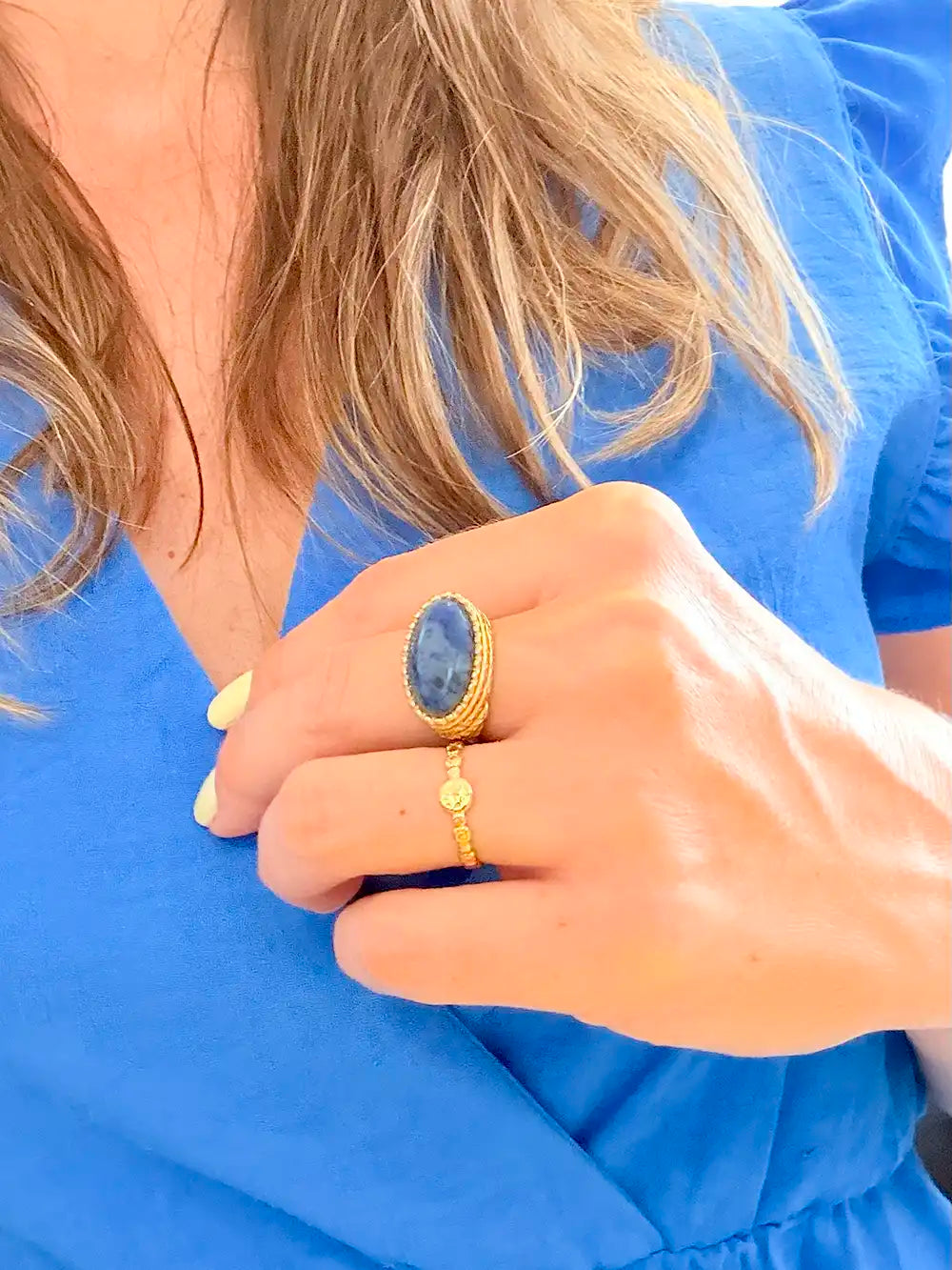 Bague large &amp; pierre naturelle ovale coloré